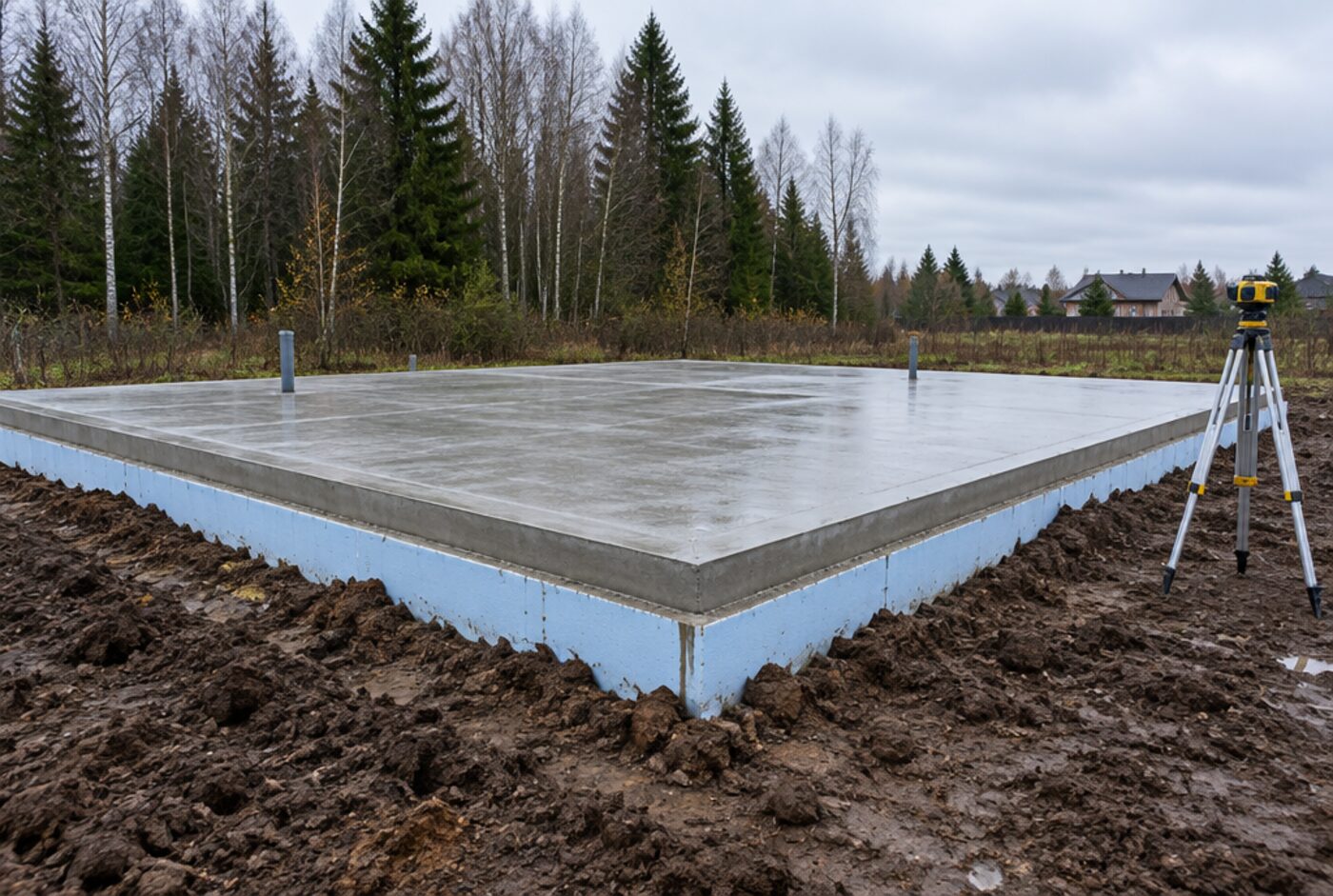 An insulated slab on a Moscow-region plot, levelled before the first beam.
